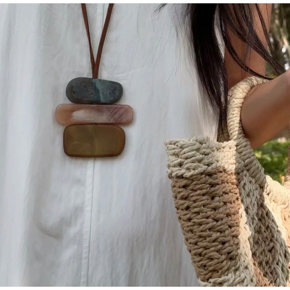 Boho Resin Geometric Pendant Necklace – Triple Color Stack, Adjustable RopeNWT - Picture 5 of 8